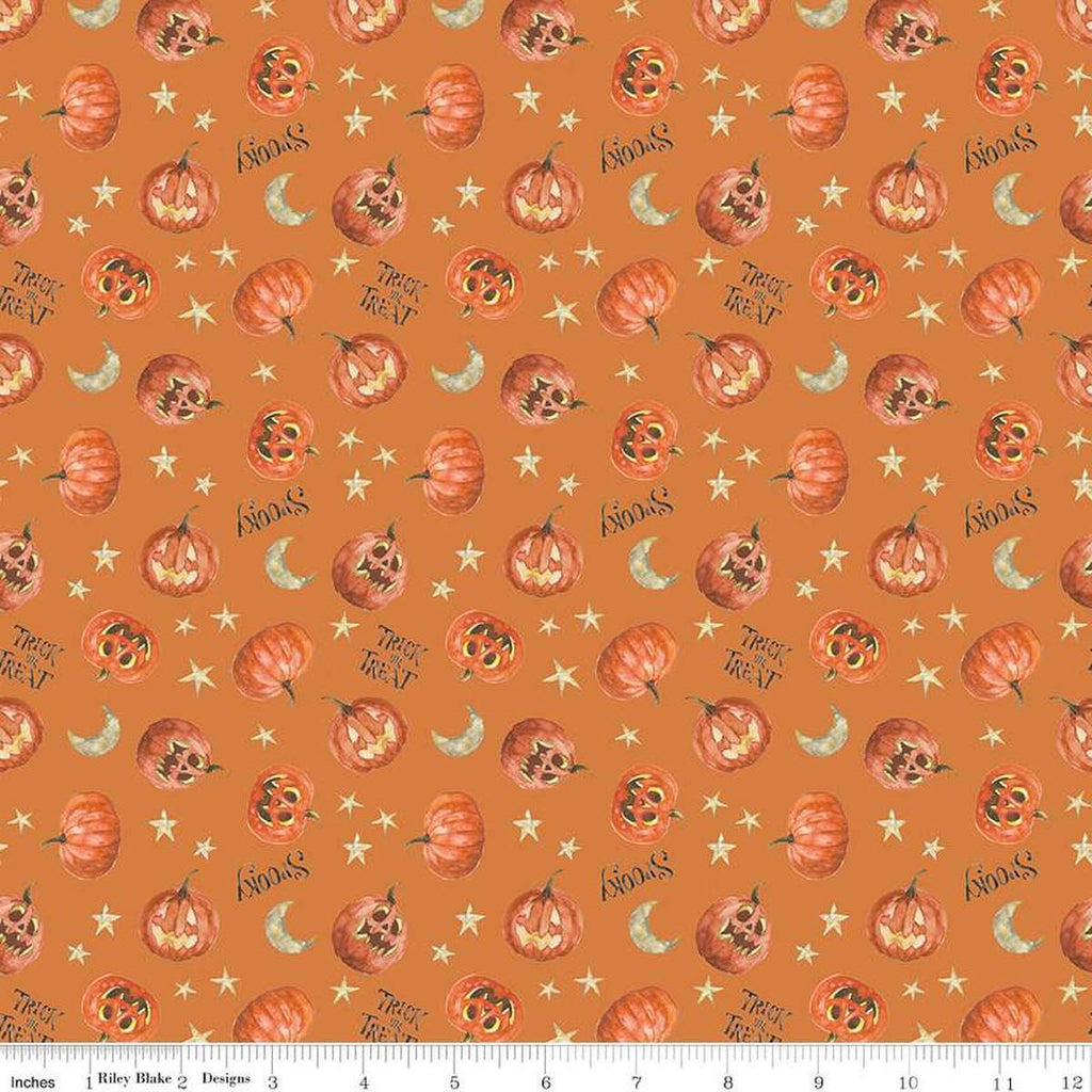 Image of the Trick or Treat Pumpkin Orange quilting cotton fabric by Lisa Audit for Riley Blake Designs. Features halloween icons on an orange background. Cute Little Fabric Shop