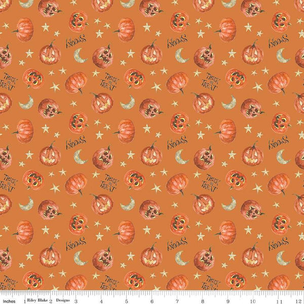 Image of the Trick or Treat Pumpkin Orange quilting cotton fabric by Lisa Audit for Riley Blake Designs. Features halloween icons on an orange background. Cute Little Fabric Shop
