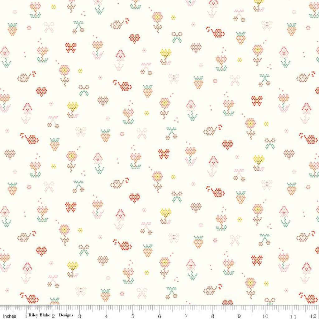 Image of the Sunsetridge Mosaic Cream quilting cotton fabric by Minki Kim for Riley Blake Designs. Features pixels on a cream background. Cute Little Fabric Shop