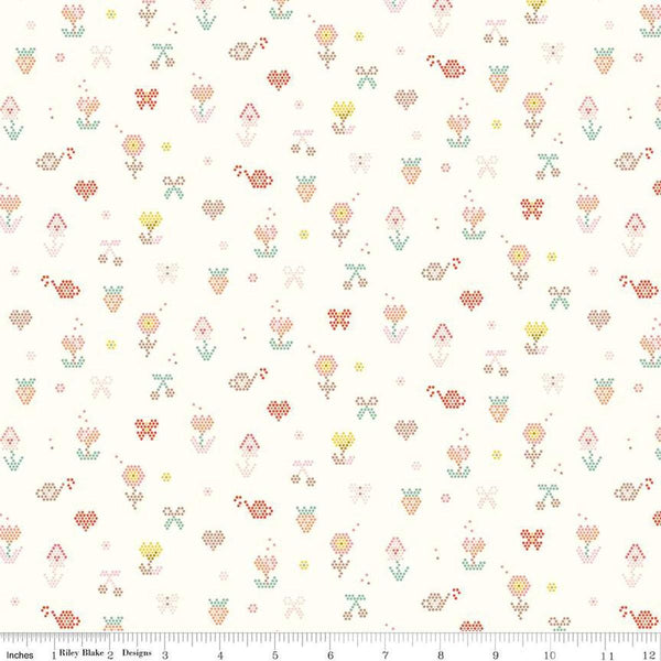 Image of the Sunsetridge Mosaic Cream quilting cotton fabric by Minki Kim for Riley Blake Designs. Features pixels on a cream background. Cute Little Fabric Shop