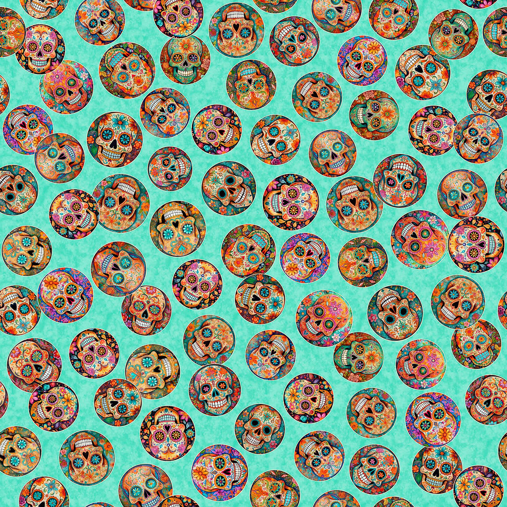Image of the Skullduggery Mini Sugar Skulls Turquoise quilting cotton fabric by Morris Creative Group by QT Fabrics. Features skulls on a blue background. Cute Little Fabric Shop