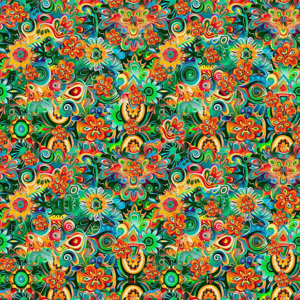 Image of the Skullduggery Floral Geo Green quilting cotton fabric by Morris Creative Group by QT Fabrics. Features flowers on a green background. Cute Little Fabric Shop