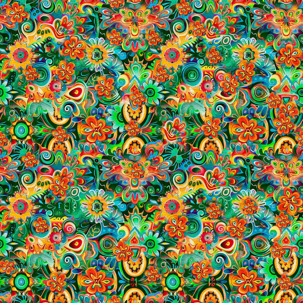 Image of the Skullduggery Floral Geo Green quilting cotton fabric by Morris Creative Group by QT Fabrics. Features flowers on a green background. Cute Little Fabric Shop