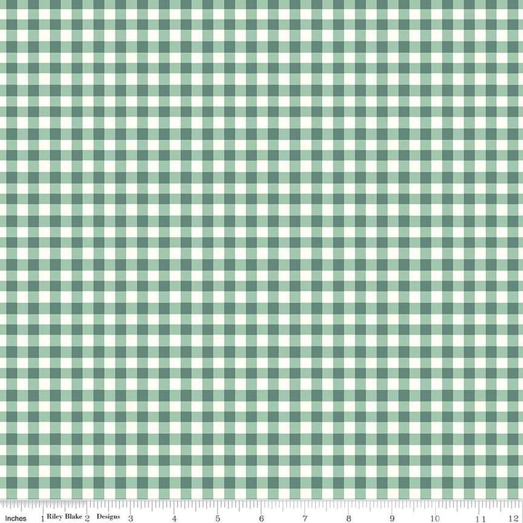 Image of the Sunsetridge Plaid Lodge Pole quilting cotton fabric by Minki Kim for Riley Blake Designs. Features gingham on a green background. Cute Little Fabric Shop