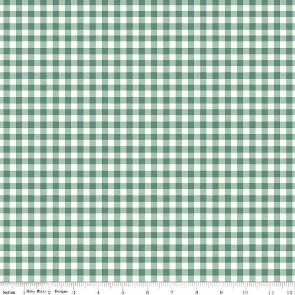 Image of the Sunsetridge Plaid Lodge Pole quilting cotton fabric by Minki Kim for Riley Blake Designs. Features gingham on a green background. Cute Little Fabric Shop