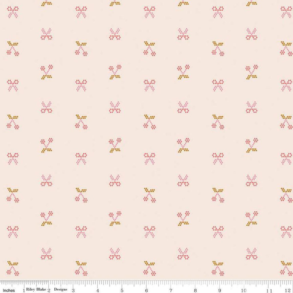 Image of the Sunsetridge Scissors Blush quilting cotton fabric by Minki Kim for Riley Blake Designs. Features pixels on a pink background. Cute Little Fabric Shop