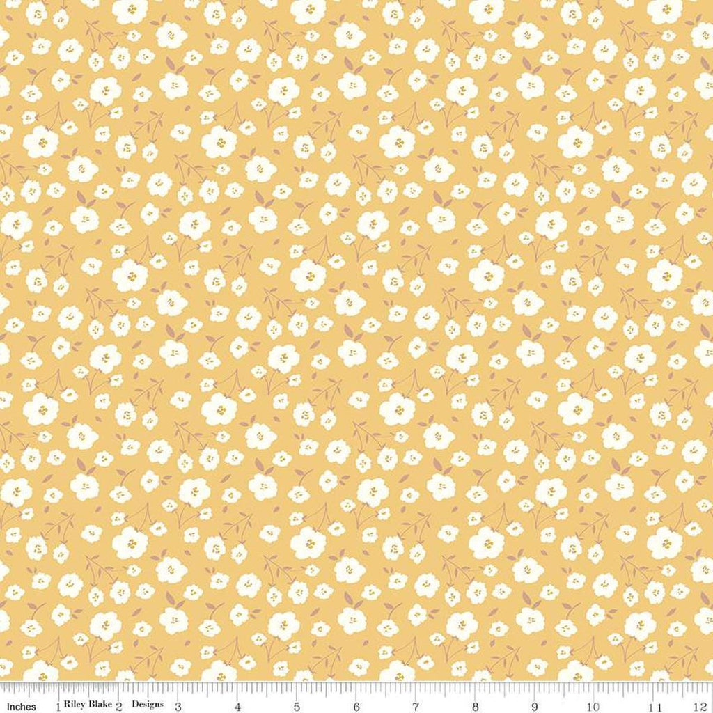 Image of the Sunsetridge Flowers Honey quilting cotton fabric by Minki Kim for Riley Blake Designs. Features flowers on a yellow background. Cute Little Fabric Shop
