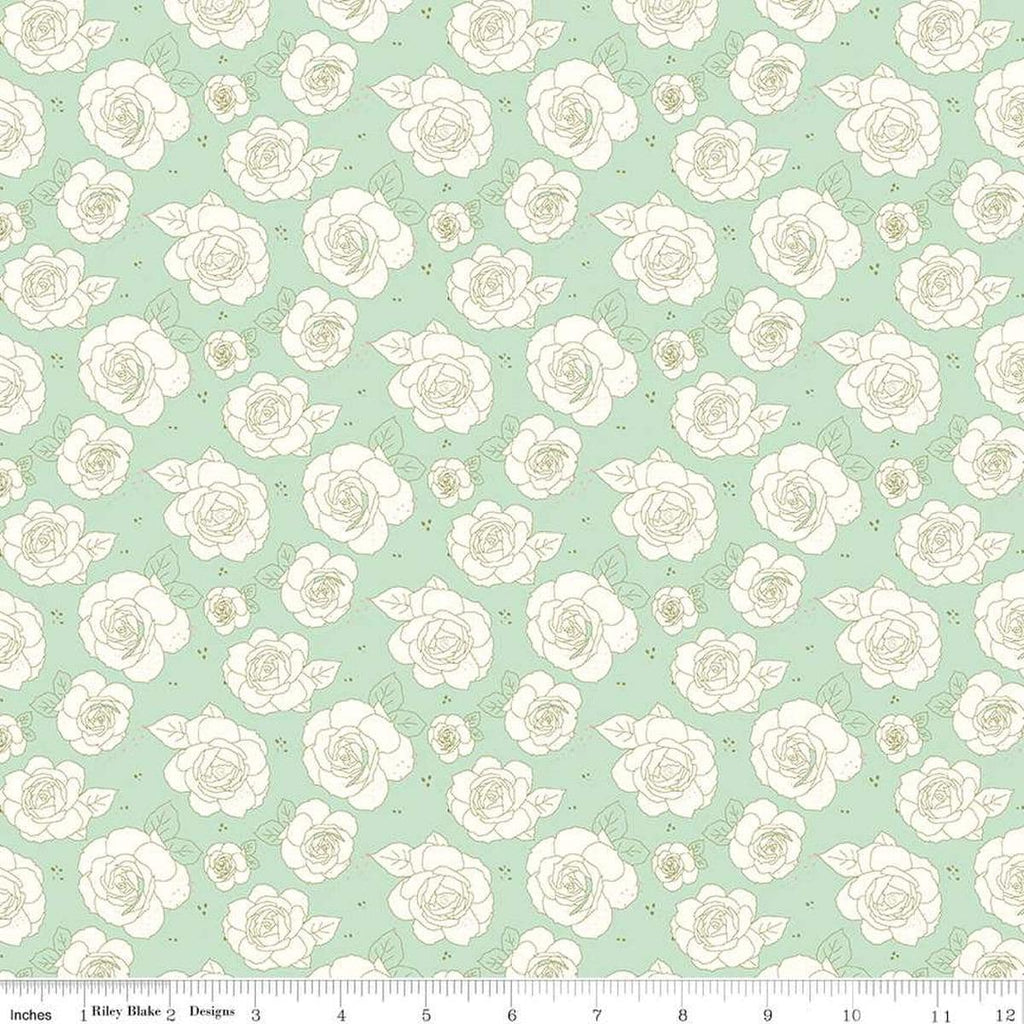 Image of the Sunsetridge Roses Mint quilting cotton fabric by Minki Kim for Riley Blake Designs. Features flowers on a green background. Cute Little Fabric Shop
