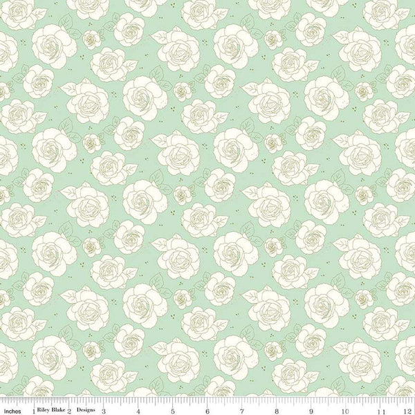 Image of the Sunsetridge Roses Mint quilting cotton fabric by Minki Kim for Riley Blake Designs. Features flowers on a green background. Cute Little Fabric Shop