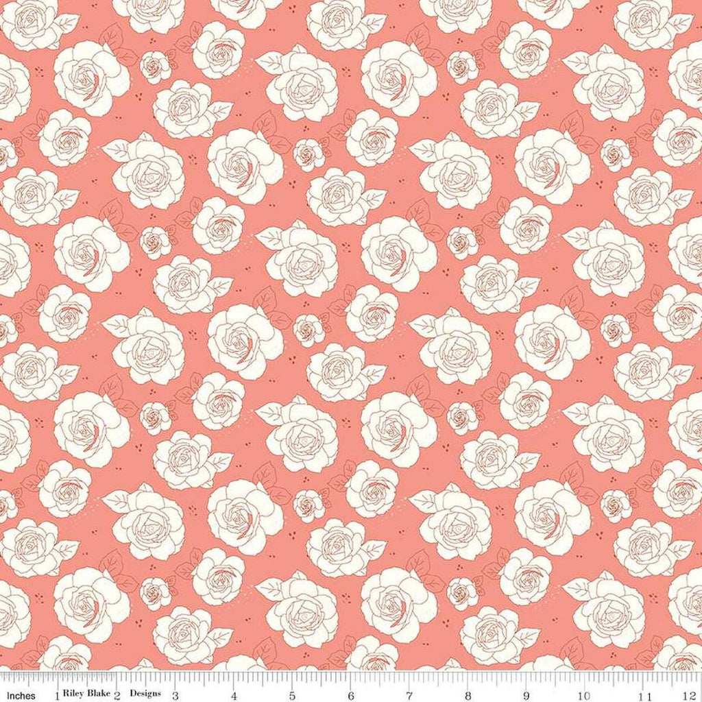 Image of the Sunsetridge Roses Salmon quilting cotton fabric by Minki Kim for Riley Blake Designs. Features flowers on a pink background. Cute Little Fabric Shop