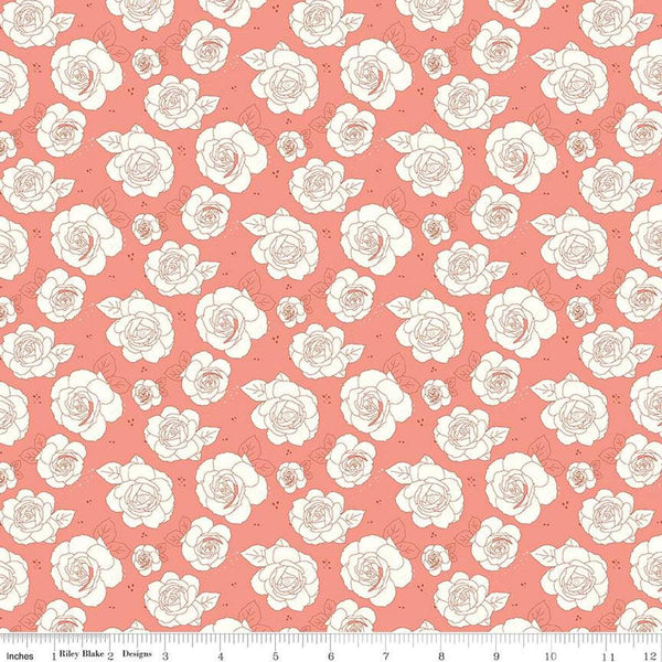 Image of the Sunsetridge Roses Salmon quilting cotton fabric by Minki Kim for Riley Blake Designs. Features flowers on a pink background. Cute Little Fabric Shop