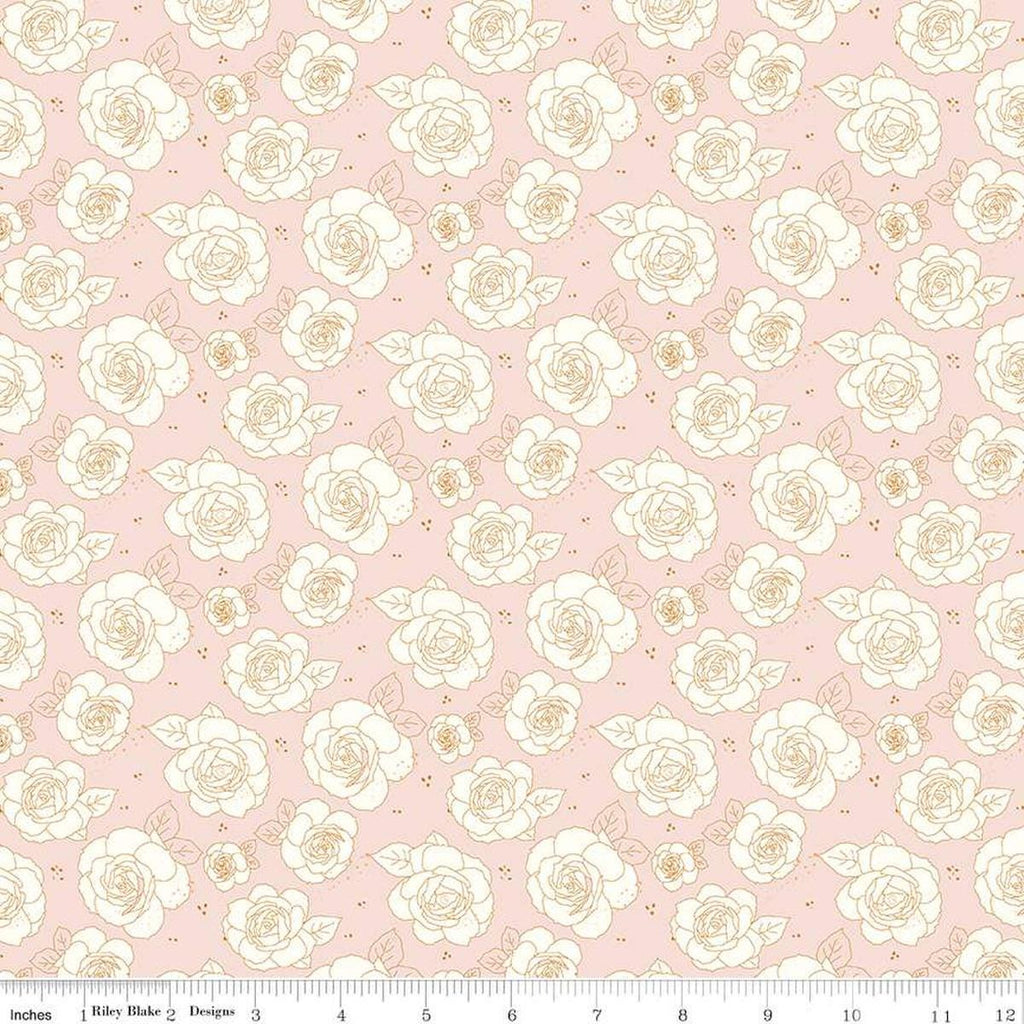 Image of the Sunsetridge Roses Ballerina quilting cotton fabric by Minki Kim for Riley Blake Designs. Features flowers on a pink background. Cute Little Fabric Shop