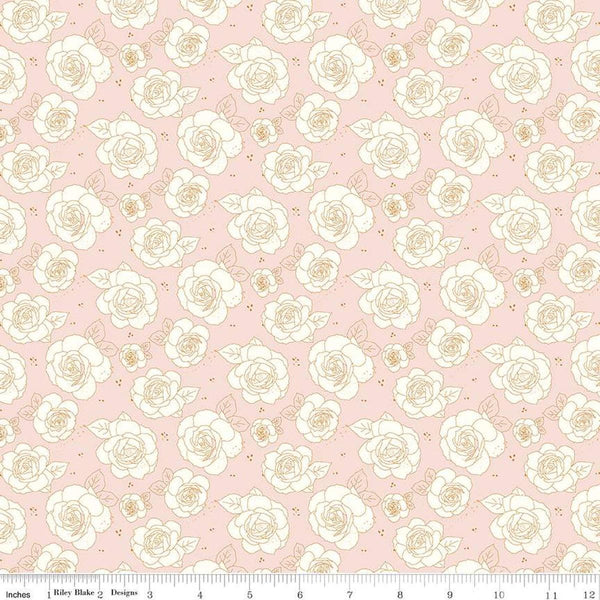 Image of the Sunsetridge Roses Ballerina quilting cotton fabric by Minki Kim for Riley Blake Designs. Features flowers on a pink background. Cute Little Fabric Shop