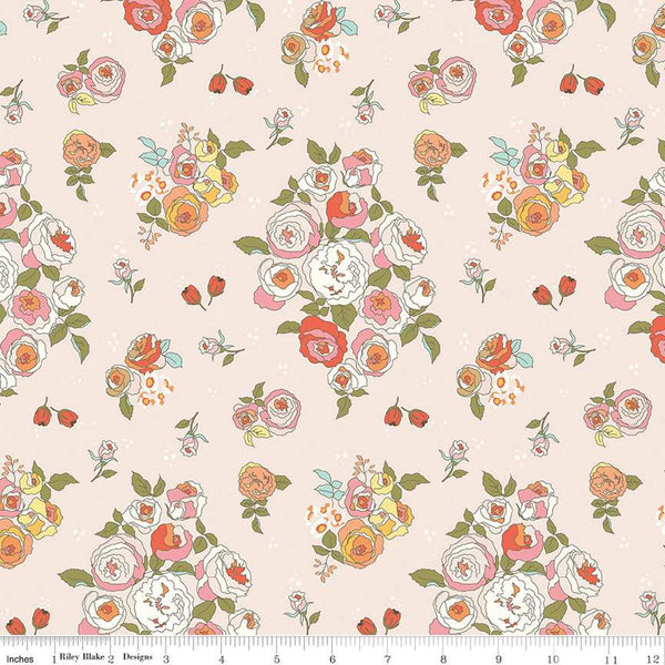 Image of the Sunsetridge Main Blush quilting cotton fabric by Minki Kim for Riley Blake Designs. Features flowers on a pink background. Cute Little Fabric Shop
