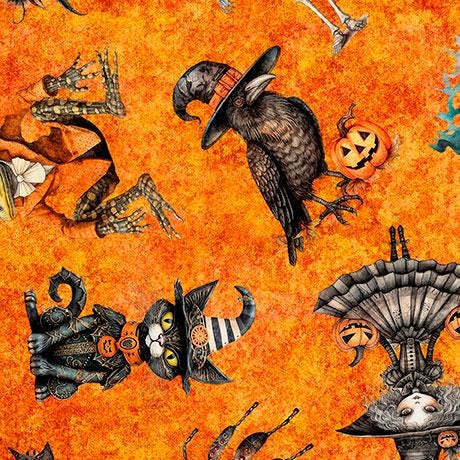 Image of the Jeepers Creepers Halloween Character Toss Orange quilting cotton fabric. Features halloween icons on an orange background. Cute Little Fabric Shop