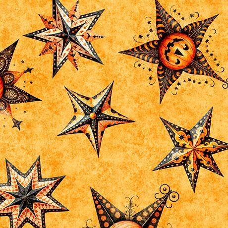 Image of the Jeepers Creepers Stars Orange quilting cotton fabric. Features halloween icons on an orange background. Cute Little Fabric Shop