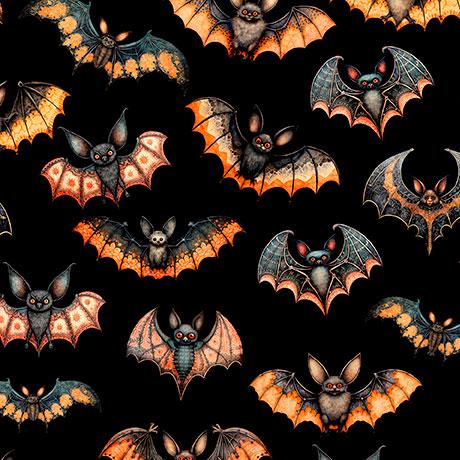Image of the Jeepers Creepers Bats Black quilting cotton fabric. Features halloween icons on a black background. Cute Little Fabric Shop