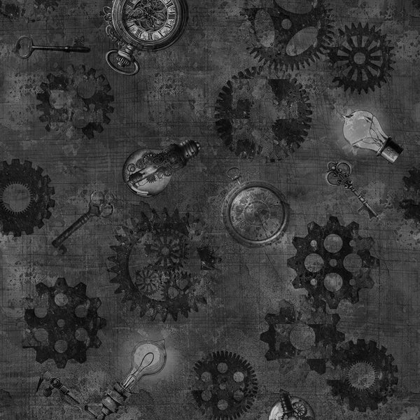 Image of the Steampunk Halloween 3 Gears Black quilting cotton fabric. Features halloween gears on a black background. Cute Little Fabric Shop
