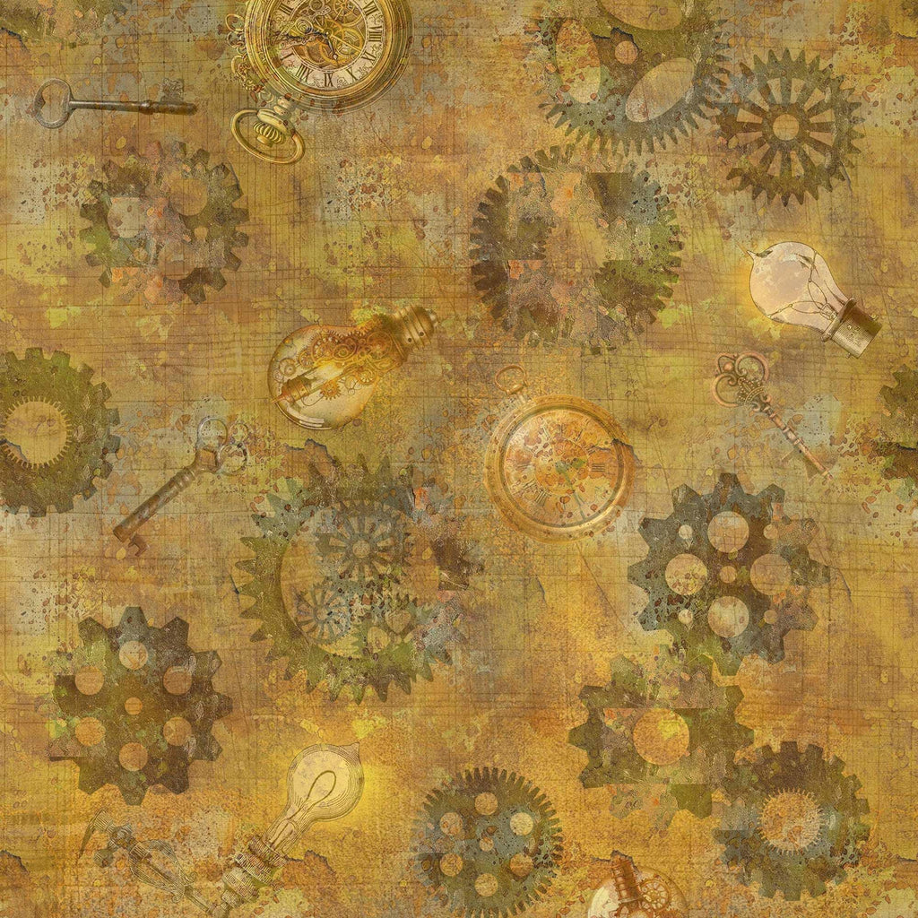 Image of the Steampunk Halloween 3 Gears Copper quilting cotton fabric. Features halloween gears on a gold background. Cute Little Fabric Shop