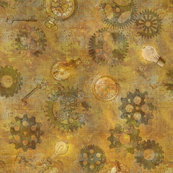 Image of the Steampunk Halloween 3 Gears Copper quilting cotton fabric. Features halloween gears on a gold background. Cute Little Fabric Shop