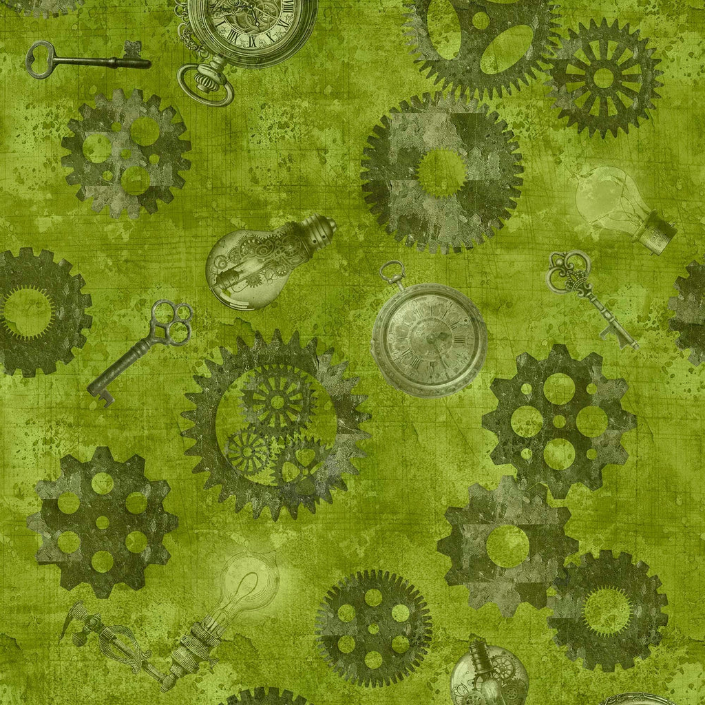 Image of the Steampunk Halloween 3 Gears Yellow quilting cotton fabric. Features halloween gears on a green background. Cute Little Fabric Shop