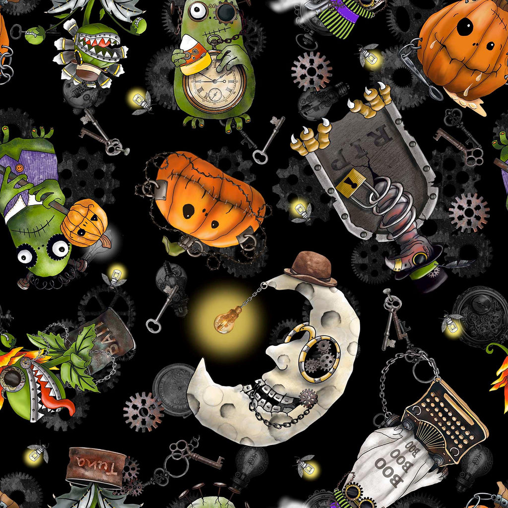 Image of the Steampunk Halloween 3 Halloween Character Toss Black quilting cotton fabric. Features halloween icons on a black background. Cute Little Fabric Shop