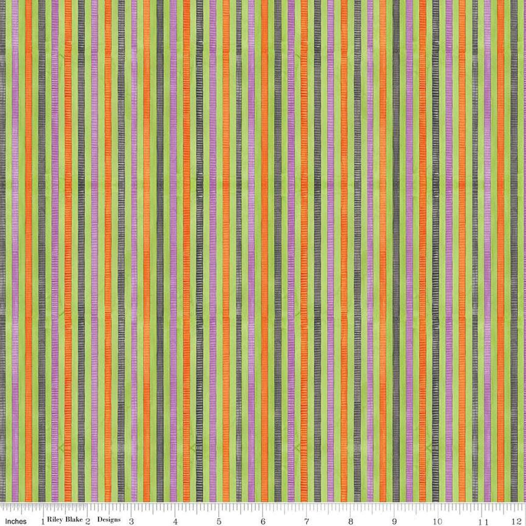 Image of the Ghoul Friends Stripes Multi quilting cotton fabric by Teresa Kogut for Riley Blake Designs. Features stripes on a green background. Cute Little Fabric Shop