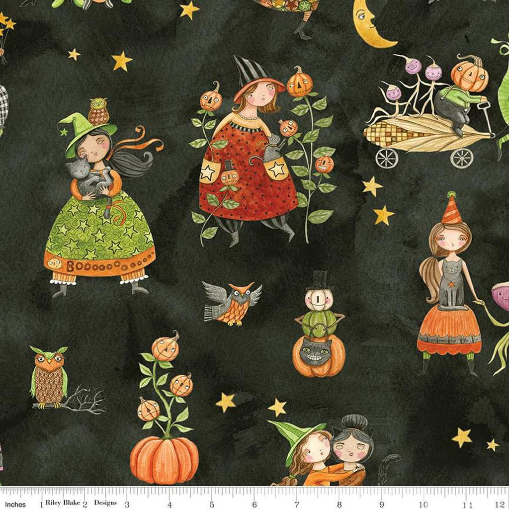 Image of the Ghoul Friends Main Black quilting cotton fabric by Teresa Kogut for Riley Blake Designs. Features halloween icons on a black background. Cute Little Fabric Shop