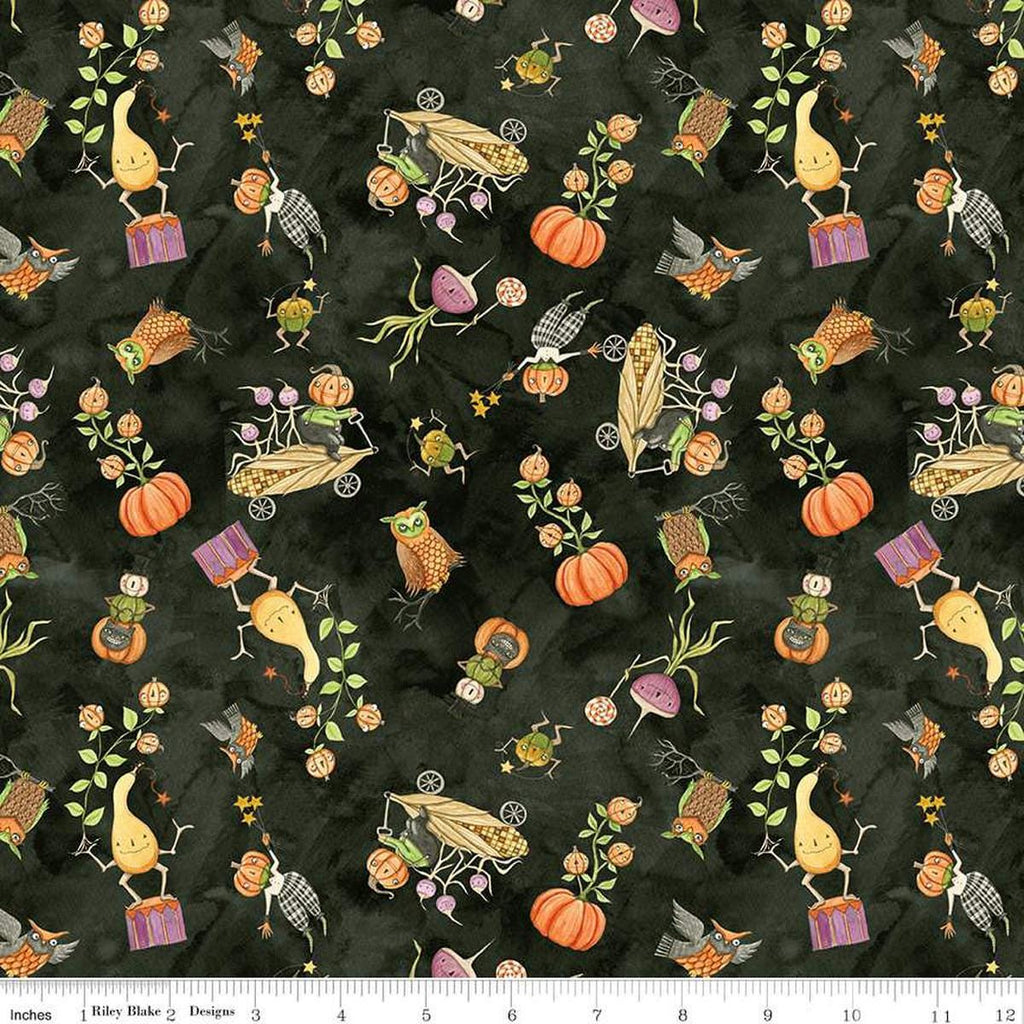 Image of the Ghoul Friends Gourds Black quilting cotton fabric by Teresa Kogut for Riley Blake Designs. Features icons on a black background. Cute Little Fabric Shop