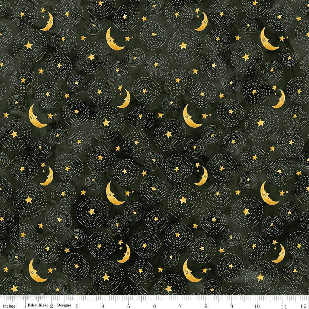 Image of the Ghoul Friends Stars and Moon Black quilting cotton fabric by Teresa Kogut for Riley Blake Designs. Features stars and moon on a black background. Cute Little Fabric Shop