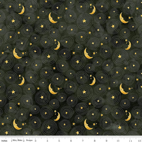 Image of the Ghoul Friends Stars and Moon Black quilting cotton fabric by Teresa Kogut for Riley Blake Designs. Features stars and moon on a black background. Cute Little Fabric Shop