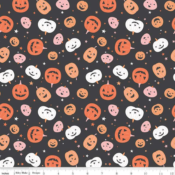 Image of the Hey Pumpkin Pumpkins Charcoal quilting cotton fabric by Riley Blake Designs. Features pumpkins on a black background. Cute Little Fabric Shop