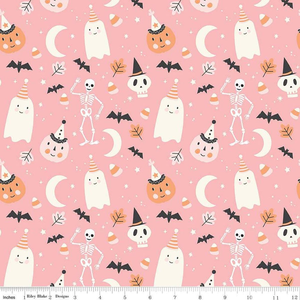 Image of the Hey Pumpkin Main Pink quilting cotton fabric by Riley Blake Designs. Features icons on a pink background. Cute Little Fabric Shop