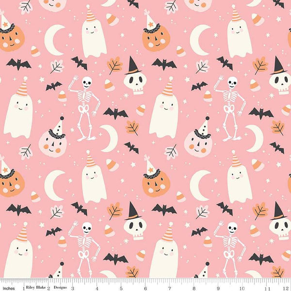 Image of the Hey Pumpkin Main Pink quilting cotton fabric by Riley Blake Designs. Features icons on a pink background. Cute Little Fabric Shop