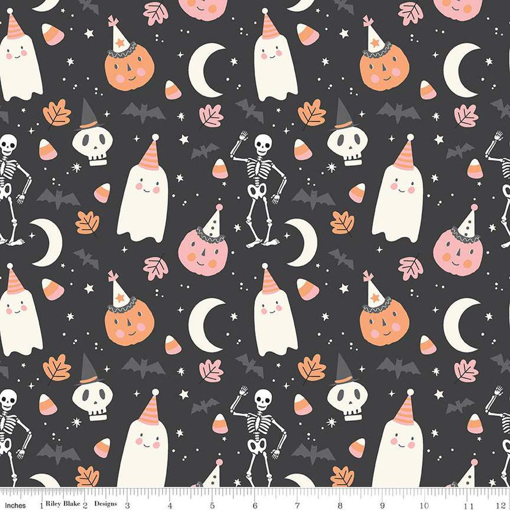 Image of the Hey Pumpkin Main Charcoal quilting cotton fabric by Riley Blake Designs. Features icons on a charcoal background. Cute Little Fabric Shop