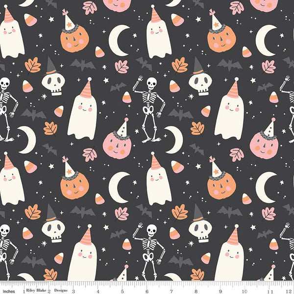 Image of the Hey Pumpkin Main Charcoal quilting cotton fabric by Riley Blake Designs. Features icons on a charcoal background. Cute Little Fabric Shop
