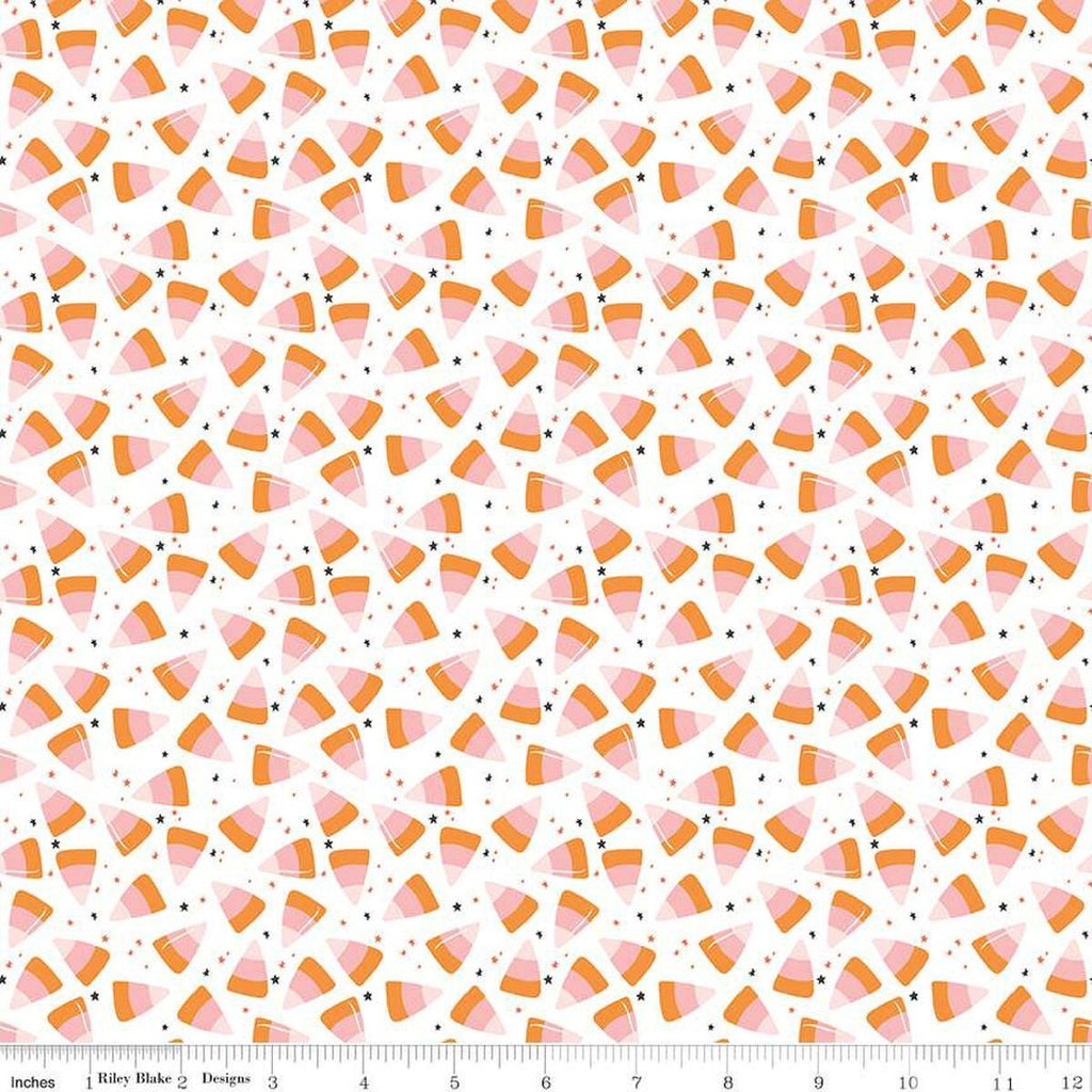 Image of the Hey Pumpkin Corn Candy White quilting cotton fabric by Riley Blake Designs. Features candy on a white background. Cute Little Fabric Shop