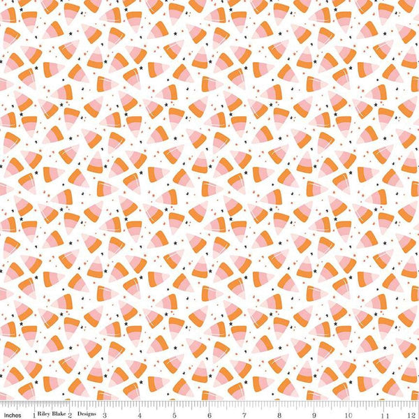 Image of the Hey Pumpkin Corn Candy White quilting cotton fabric by Riley Blake Designs. Features candy on a white background. Cute Little Fabric Shop