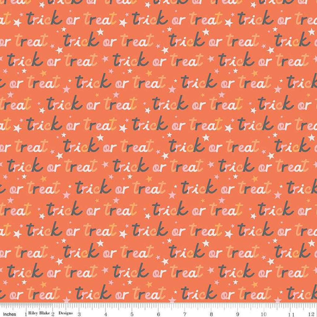Image of the Hey Pumpkin Trick or Treat Orange quilting cotton fabric by Riley Blake Designs. Features text on an orange background. Cute Little Fabric Shop