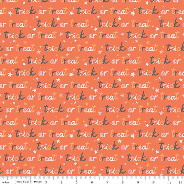 Image of the Hey Pumpkin Trick or Treat Orange quilting cotton fabric by Riley Blake Designs. Features text on an orange background. Cute Little Fabric Shop
