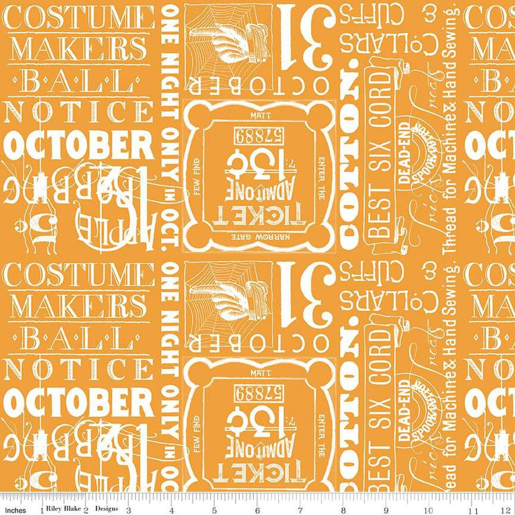 Image of the Costume Maker's Act II Ticket Text Orange quilting cotton fabric. Features text on an orange background. Cute Little Fabric Shop