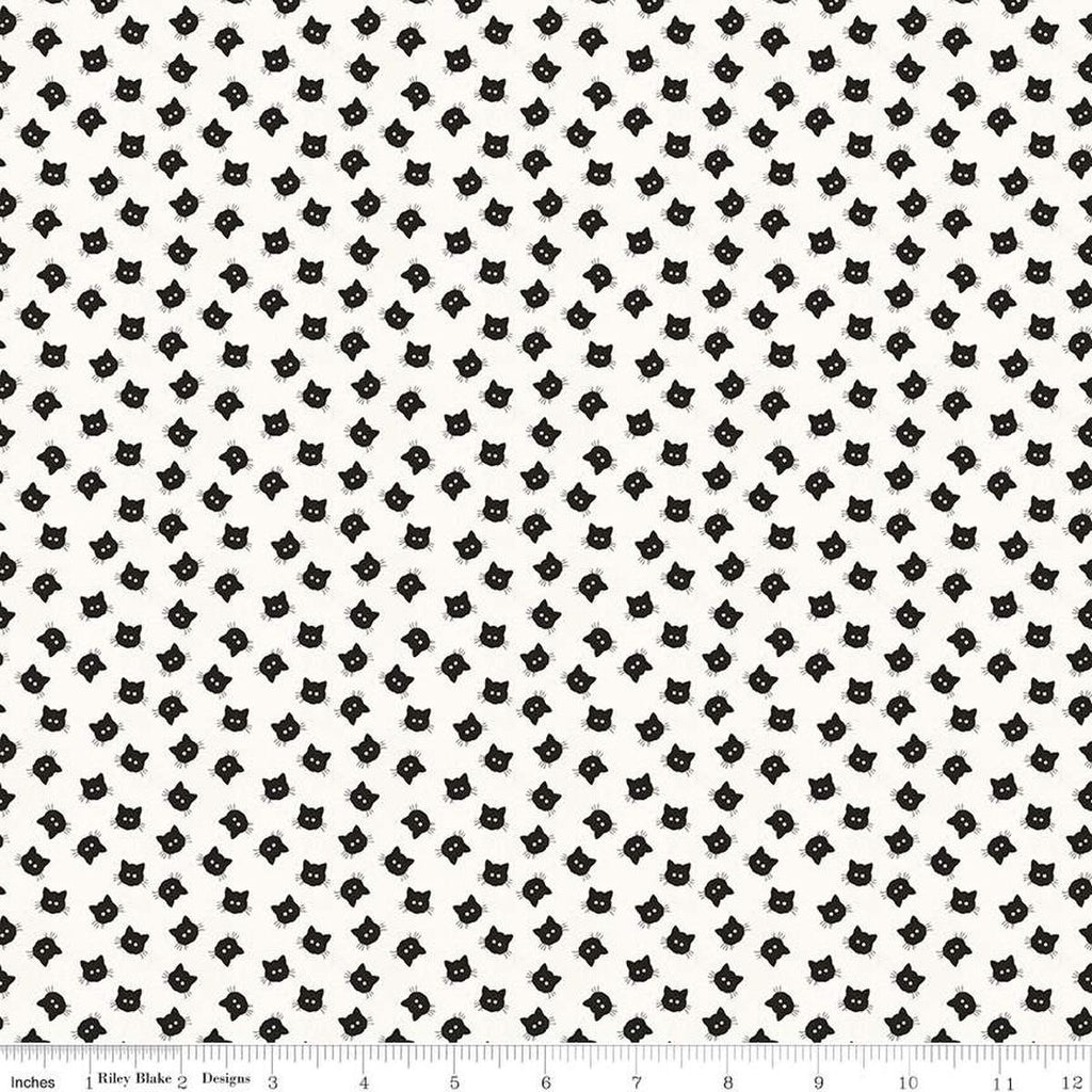 Image of the Costume Maker's Act II Scaredy Cat Buttons White quilting cotton fabric. Features cats on a white background. Cute Little Fabric Shop