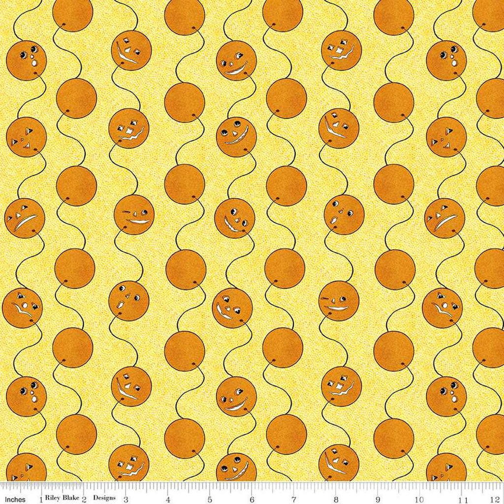 Image of the Costume Maker's Act II Scaredy Cat Buttons Yellow quilting cotton fabric. Features cats on an yellow background. Cute Little Fabric Shop