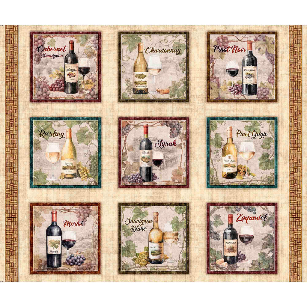 Cork & Barrel Wine Bottle Picture Patches Panel 31166 Multi X - by QT Fabrics - Alcohol Wine Spirits Barrels  - Quilting Cotton Fabric