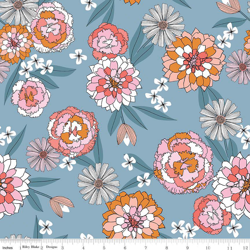 SALE Heartsong Main C11300 Blue - Riley Blake Designs - Floral Flowers Blossoms - Quilting Cotton Fabric