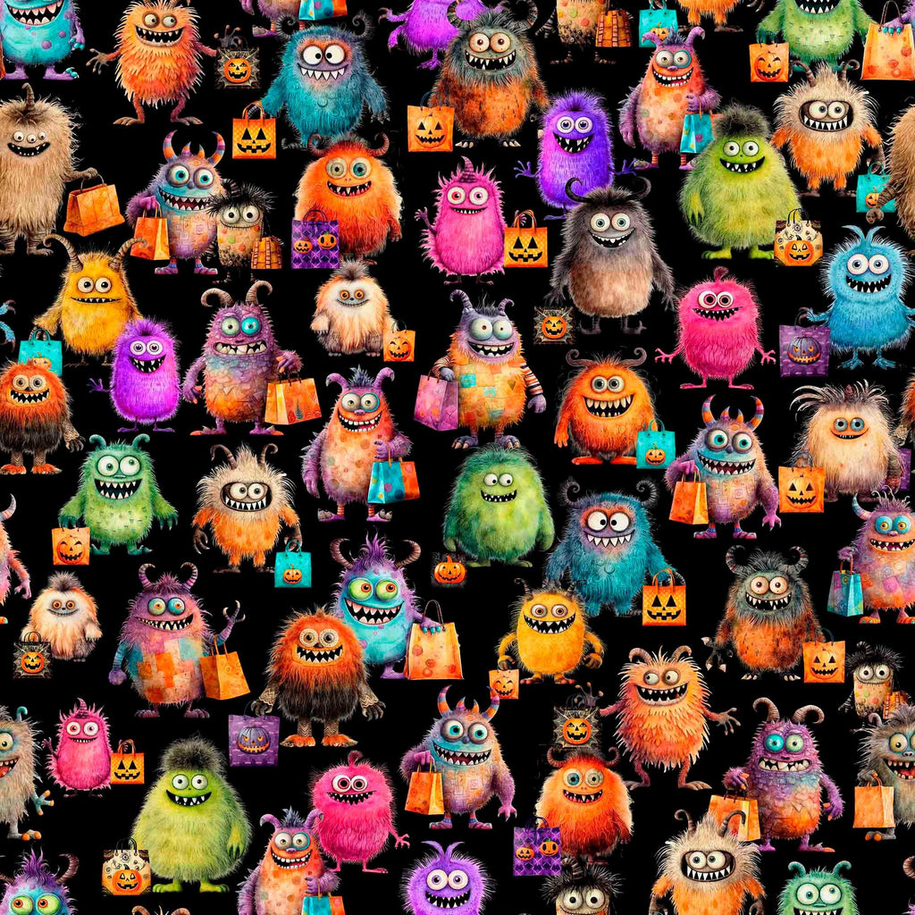 Image of the Gotta Have it Monster Mash Black quilting cotton fabric by Morris Creative Group for QT Fabrics. Features monsters on a black background. Cute Little Fabric Shop