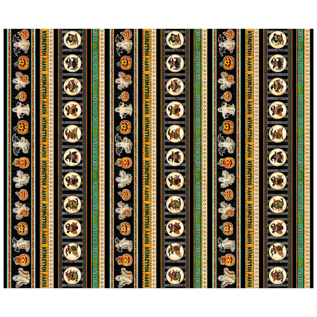 Image of the Happy Haunting Halloween Stripe Multi quilting cotton fabric by Morris Creative Group for QT Fabrics. Features stripes on an orange background. Cute Little Fabric Shop