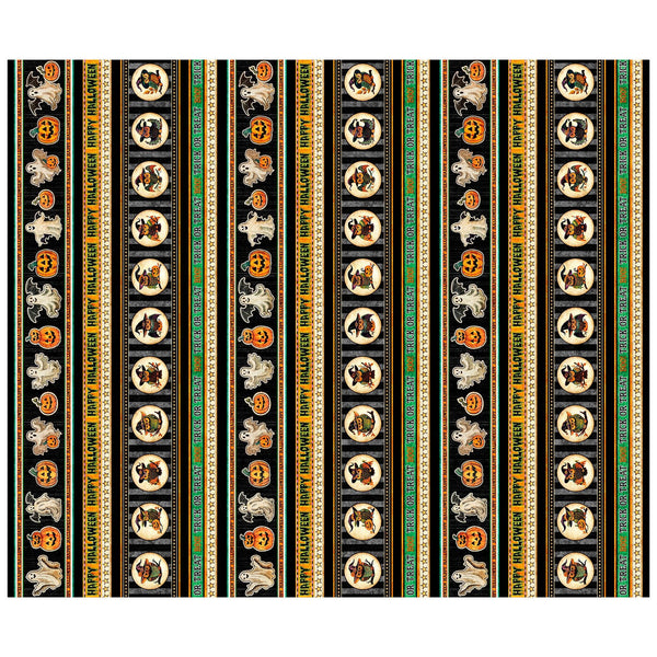 Image of the Happy Haunting Halloween Stripe Multi quilting cotton fabric by Morris Creative Group for QT Fabrics. Features stripes on an orange background. Cute Little Fabric Shop