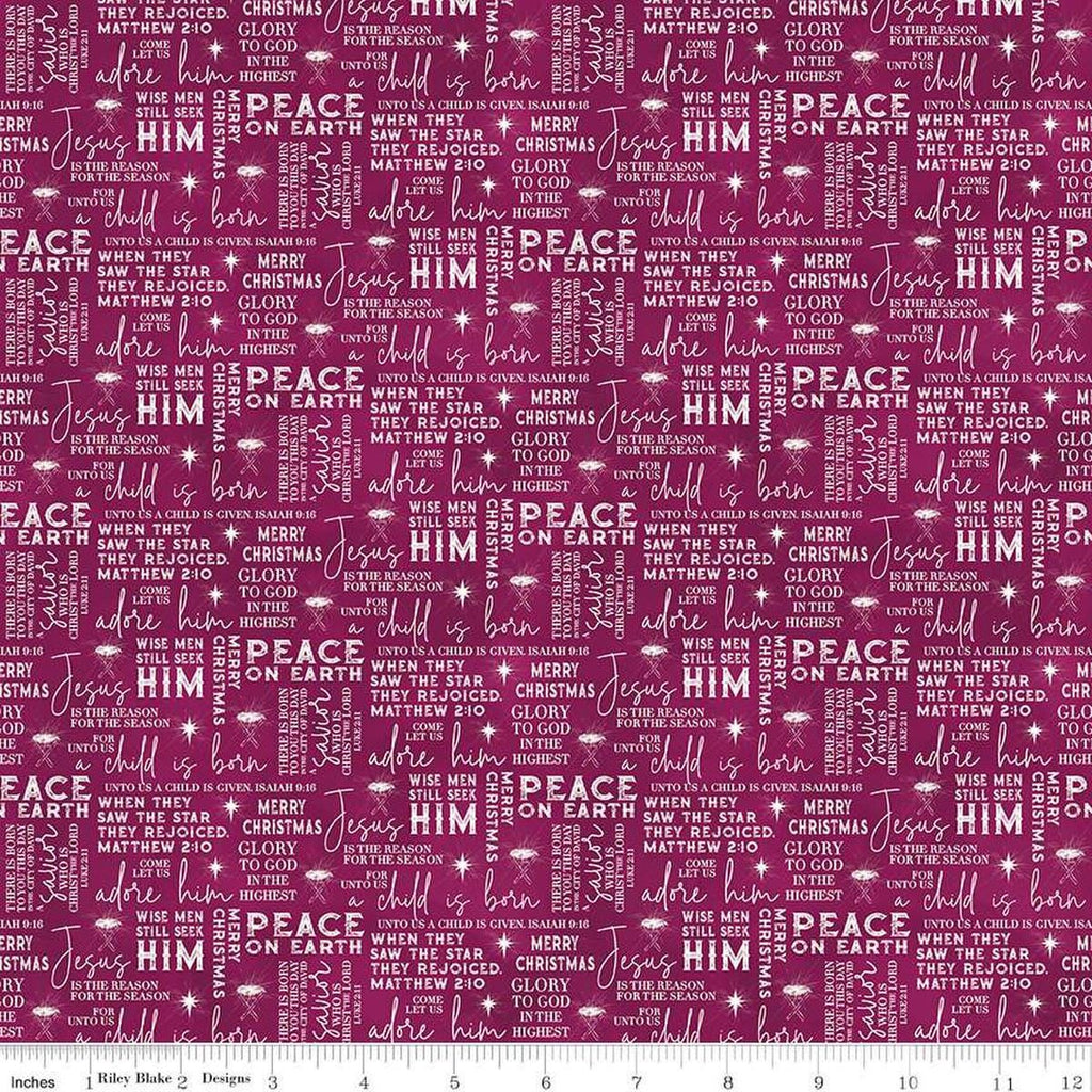 Image of the Come Let Us Adore Him Text Wine quilting cotton fabric. Features words on a burgundy background. Cute Little Fabric Shop