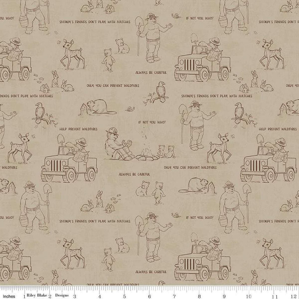 Image of the Friends of Smokey Bear Outlines Sand quilting cotton fabric. Features animals on a cream background. Cute Little Fabric Shop